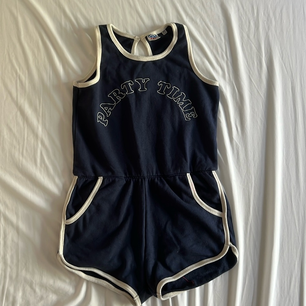 blue “PARTY TIME” romper w pockets. Size XS